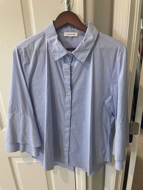 Calvin Klein Pale Blue Ruffle-Sleeve Button-Down Shirt